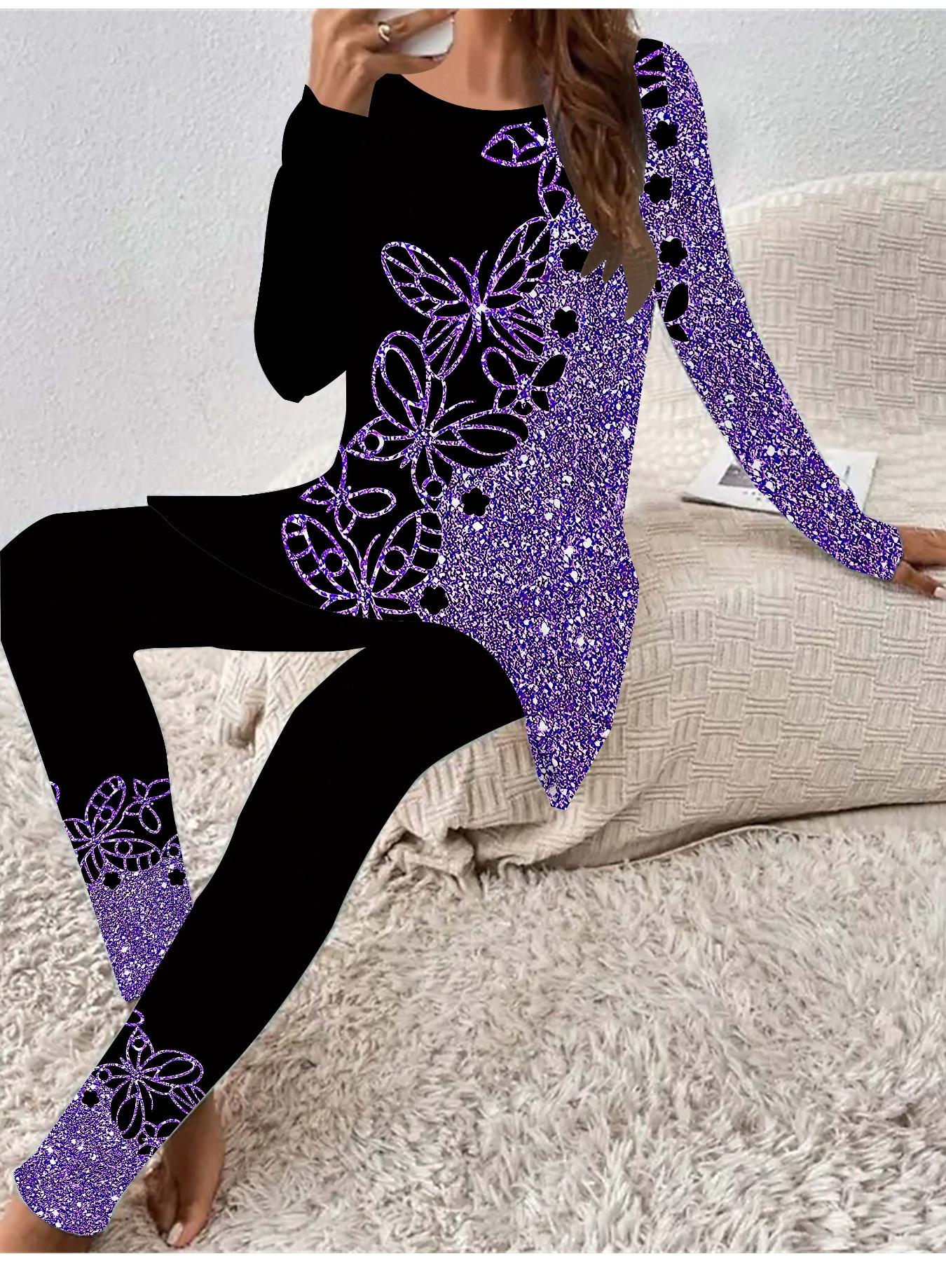 

Евро-американская мода Женский всесезонный комплект из двух предметов: футболка с длинным рукавом с 3D-принтом цветов + длинные брюки. Идеальный подарок на Новый год и Рождество 8XL фиолетовый