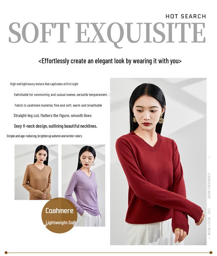 2025 Autumn/Winter Women's V-neck Slimming Cashmere Sweater - Versatile Solid Knit Base Layer