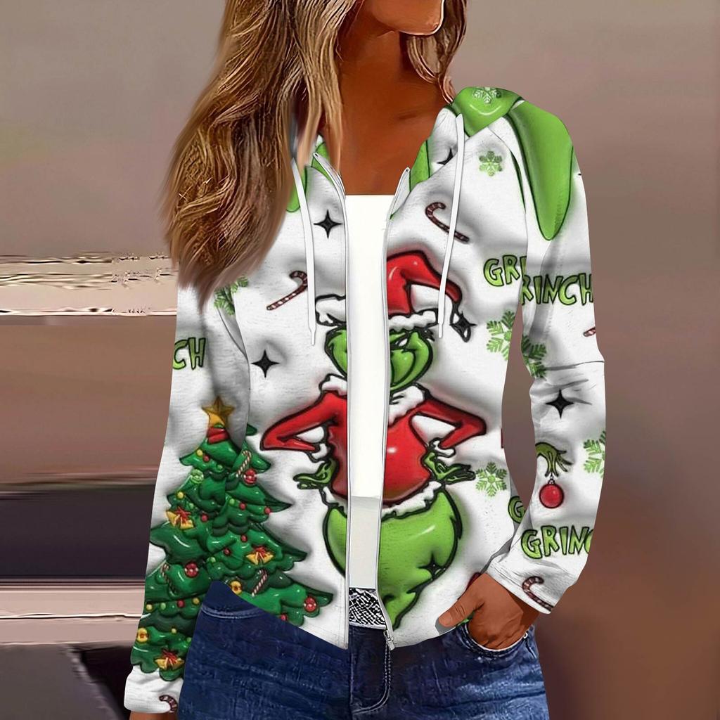 Dámská móda Vánoční potisk Ležérní rozepínací bunda s dlouhým rukávem a kapucí