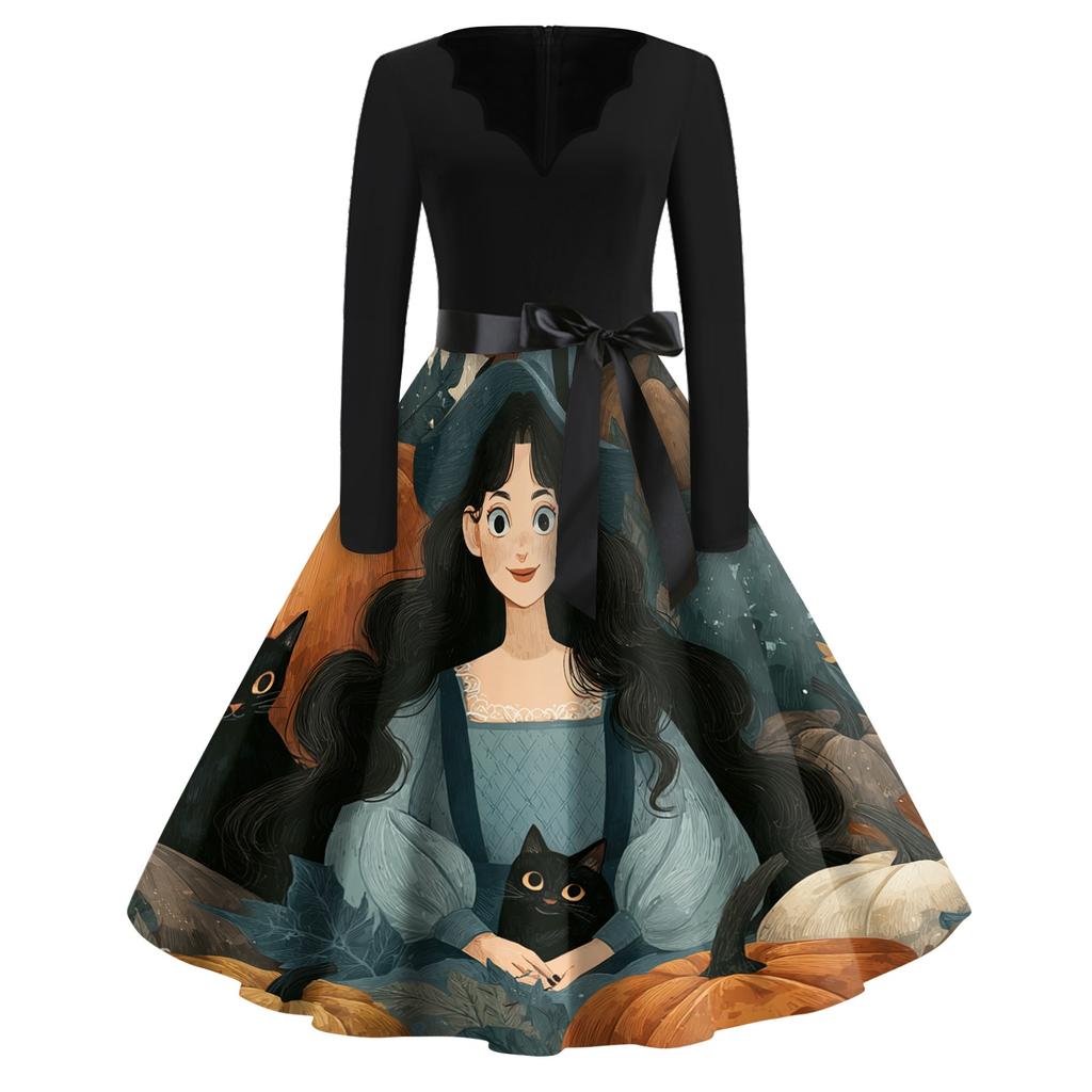 Women's Vintage V Neck Dress Long Sleeve Casual Halloween Print Retro Style Fit and Flare Midi Dress with Waist Tie and Floral Skeleton Cat Pattern
