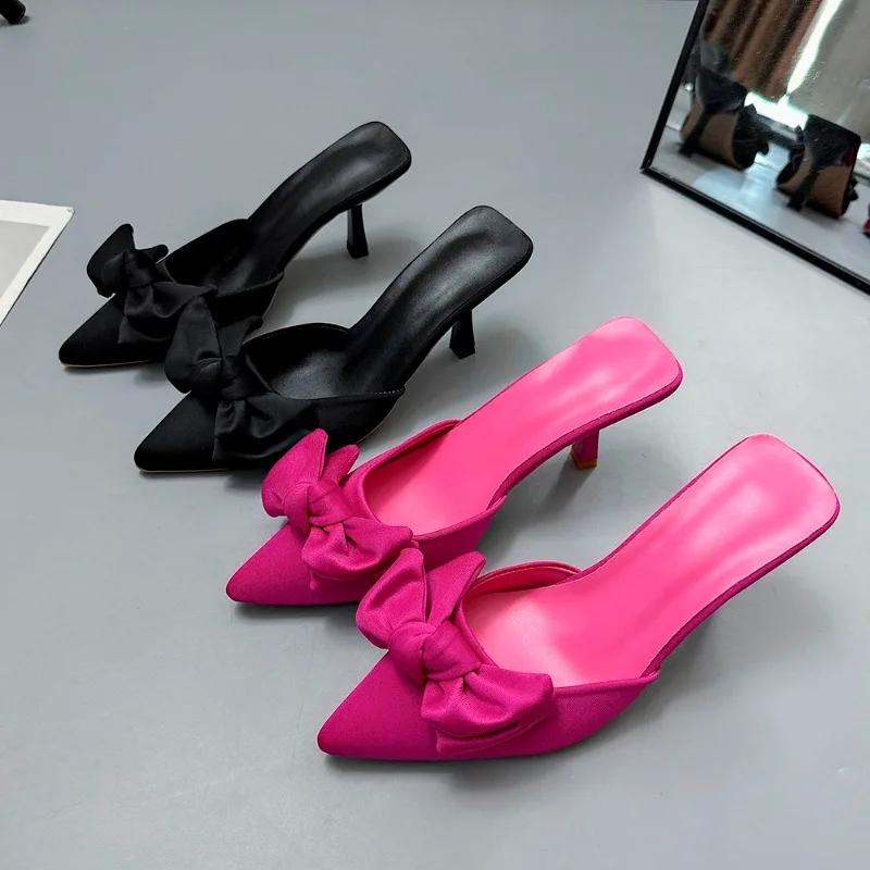 Módní dámské boty ve výprodeji 2024 Módní dámské pantofle s uzavřenou špičkou a mělkým svrškem Podzimní špičaté pantofle s mašlí Jednobarevné slingback pantofle