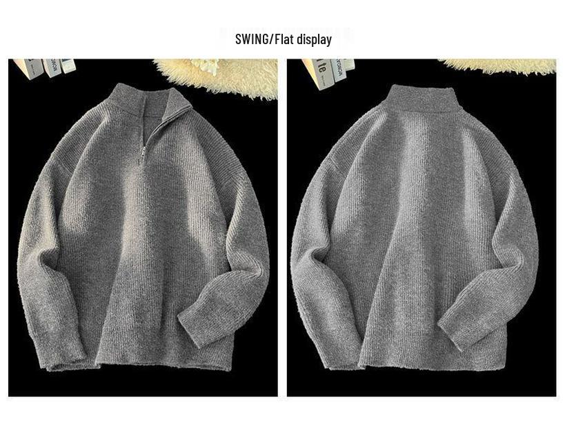 Zipper Korean Style Men's High Neck Pullover Sweater - Autumn/Winter Trendy Knitwear with Soft Texture.