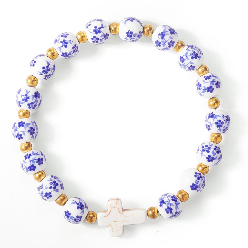 

Chinese Style Blue White Porcelain Elastic Ceramic Bracelet Vintage Beaded Bow Accessory