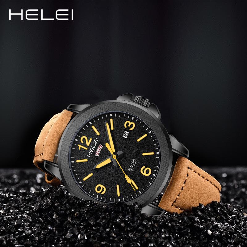Hot-Selling Men's Fashion Quartz Watch: Waterproof, Luminous, Genuine Leather Strap