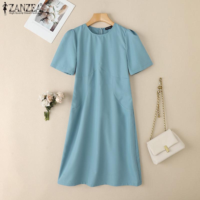 ZANZEA Damen Sommer Freizeit Rundhals Einfarbig Kurzarm Kleid