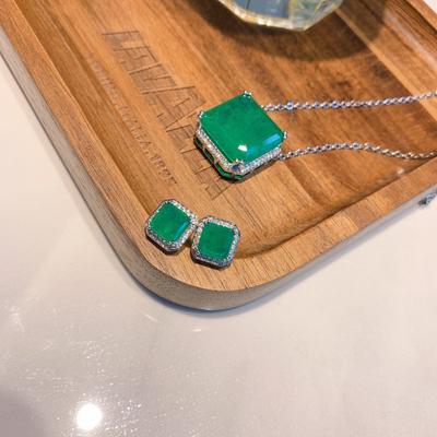 Gioielli Popolari Smeraldo Sintetico Quadrato Collana con Ciondolo Set Orecchini a Bottone Regalo per Donna Ciondolo