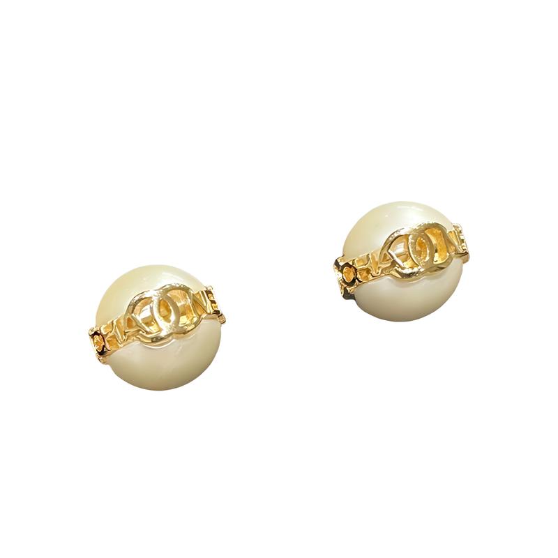 CHANEL 23K Pearl Bean Letter Double C Metal Stud Earrings Women's Gold