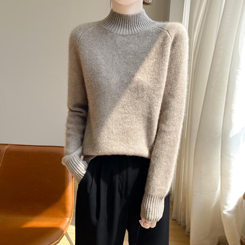 Women's Thick Wool Sweater - Half-High Neck, Raglan Sleeve, Warm & Loose Fit for Autumn/Winter