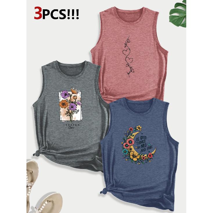 Sunflower Moon Floral Combination Gift Print Pattern Round Neck3Pack of Sleeveless Vests for Women In Spring, Summer, and Autumn