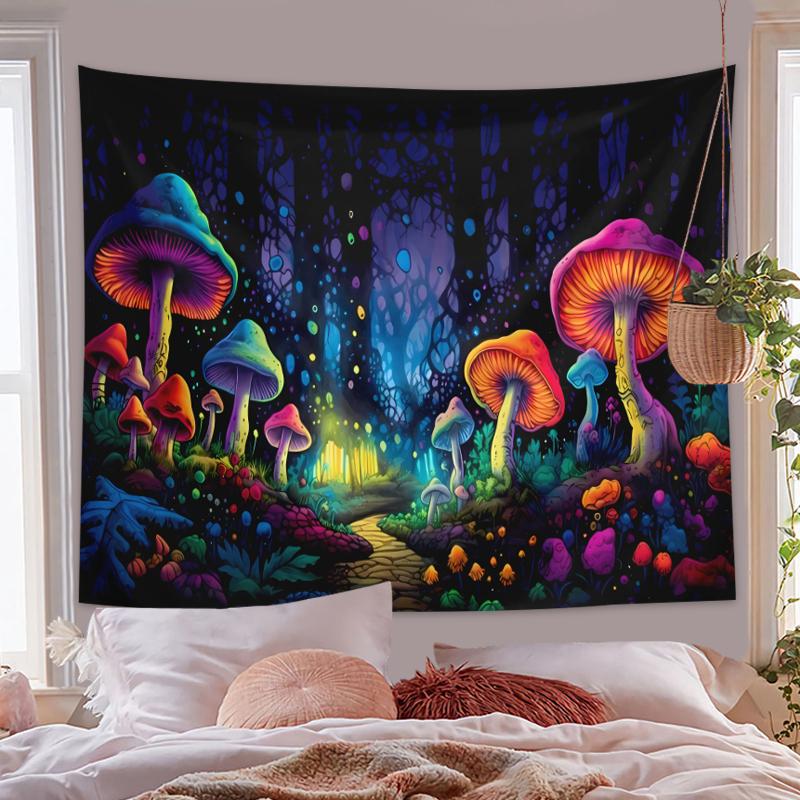 1pc Fluorescent mushroom forest planet black light tapestry, UV neon light tapestry, room wall decoration tapestry