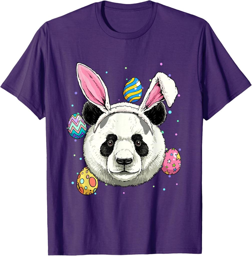 Panda Easter Bunny Ears Eggs Graphic Print Cotton Round Neck T-Shirt Casual Trip Tee