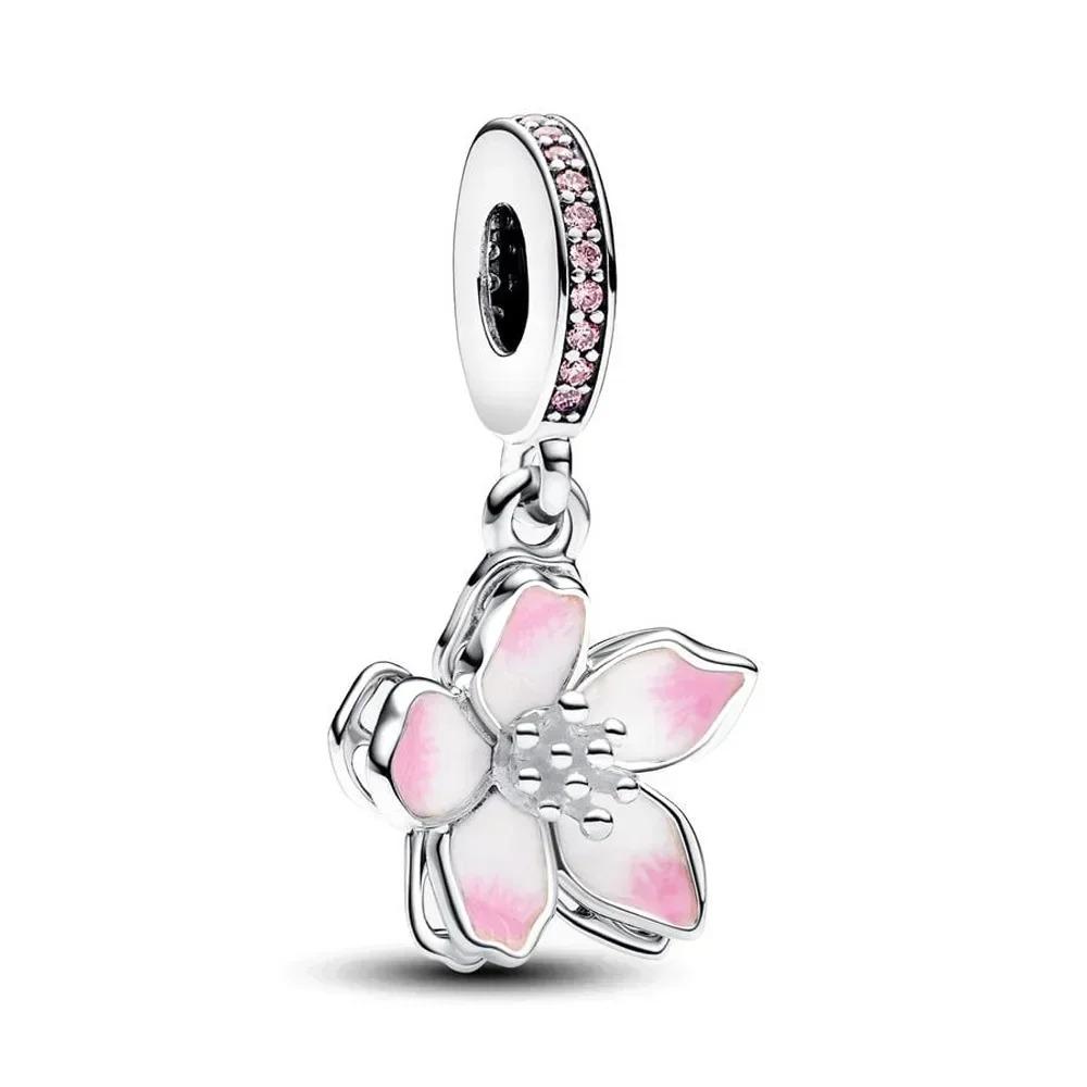 925 Silver Pink Blossom Dangle Charm Butterfly Heart Flower Rose Bird Bead For DIY Necklace Bracelet Fine Jewellery