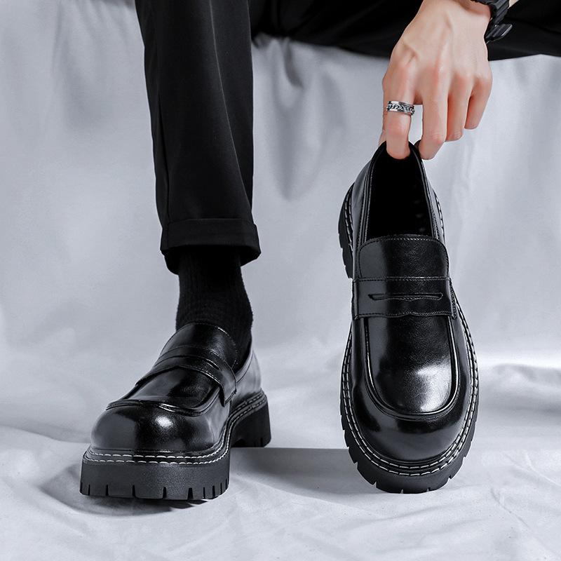Platform Loafers Men's Summer 2025 Black Small Leather Shoes British Style Senior Feeling Lazy One Pedal 77005-R