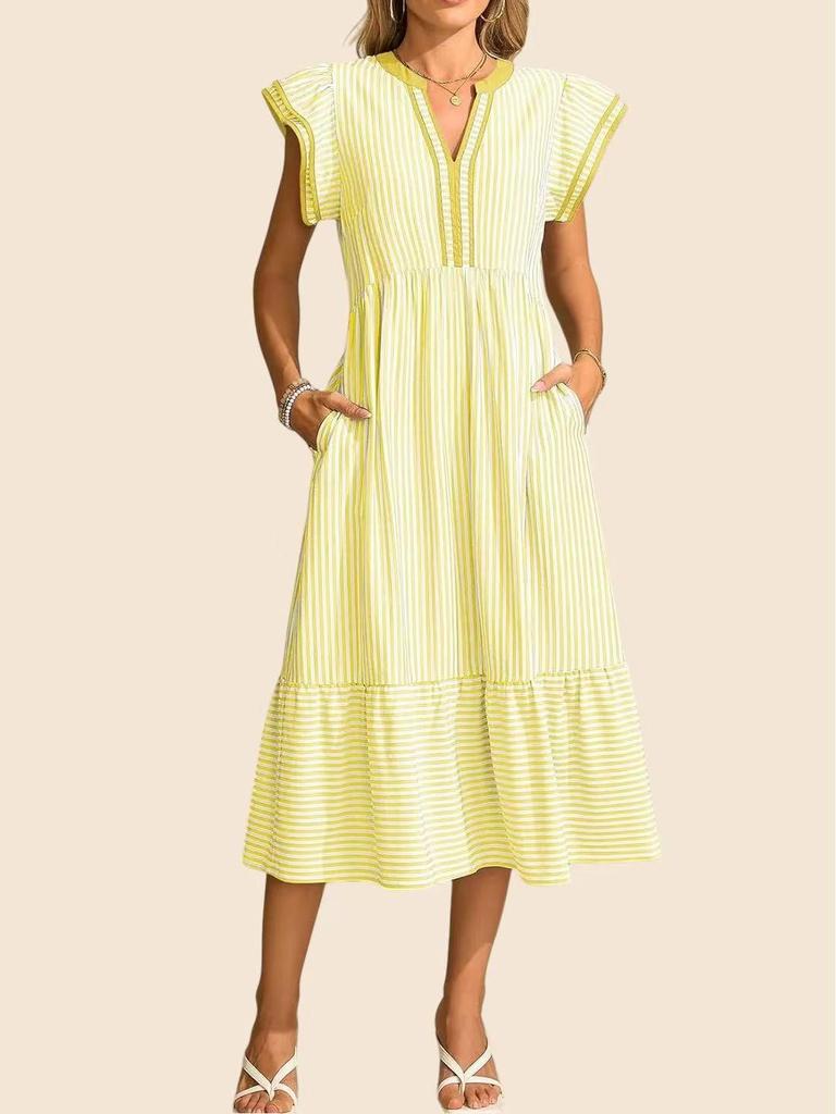 Europäischer & Amerikanischer Stil Damen Gestreiftes V-Ausschnitt Kurzarm Langes Kleid (2026)