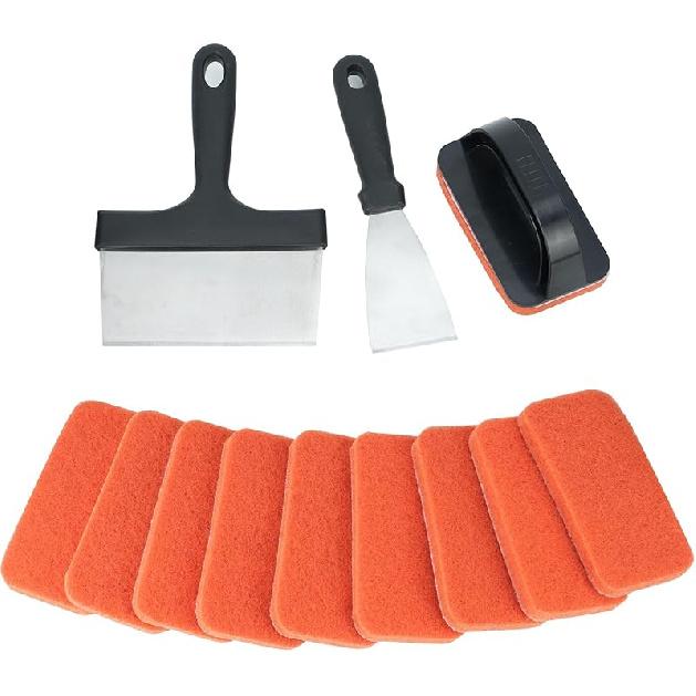 Griddle Cleaning Kit for Blackstone 13 Piece- 2 Stainless Steel Cleaning Scrapers, 10 Scouring Pads and 1 Handle, Cleaning Accessories for Blackstone