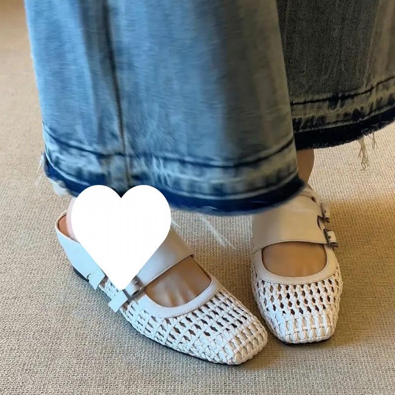 Simple and versatile square head woven hollow double belt buckle inner heightening bag head slippers beige