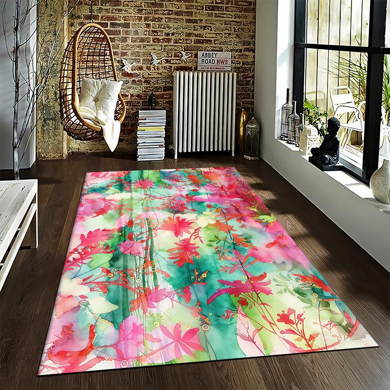 Watercolor Floral Pattern Carpet with Vibrant Red and Green Design Suitable for use as an anti-slip for living room bedroom sofas