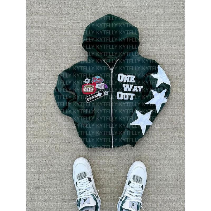 Casual Hooded Zip-Up Sweatshirt Teens Unisex Loose Fit Graphic Print Streetwear Fall