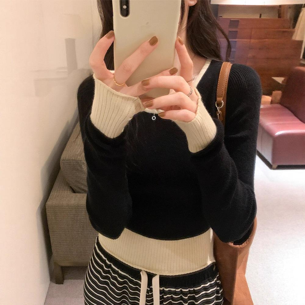 Casual chic slim-fitting contrasting shirt women's autumn new high-end sweater long-sleeved knitting