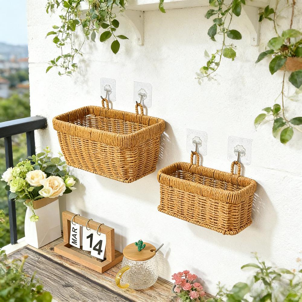 Wall Hanging Woven Storage Basket Set | Plastic Rattan Hanging Organizer with Hooks | 2 Sizes Kitchen Pantry Storage Basket for Home Decor