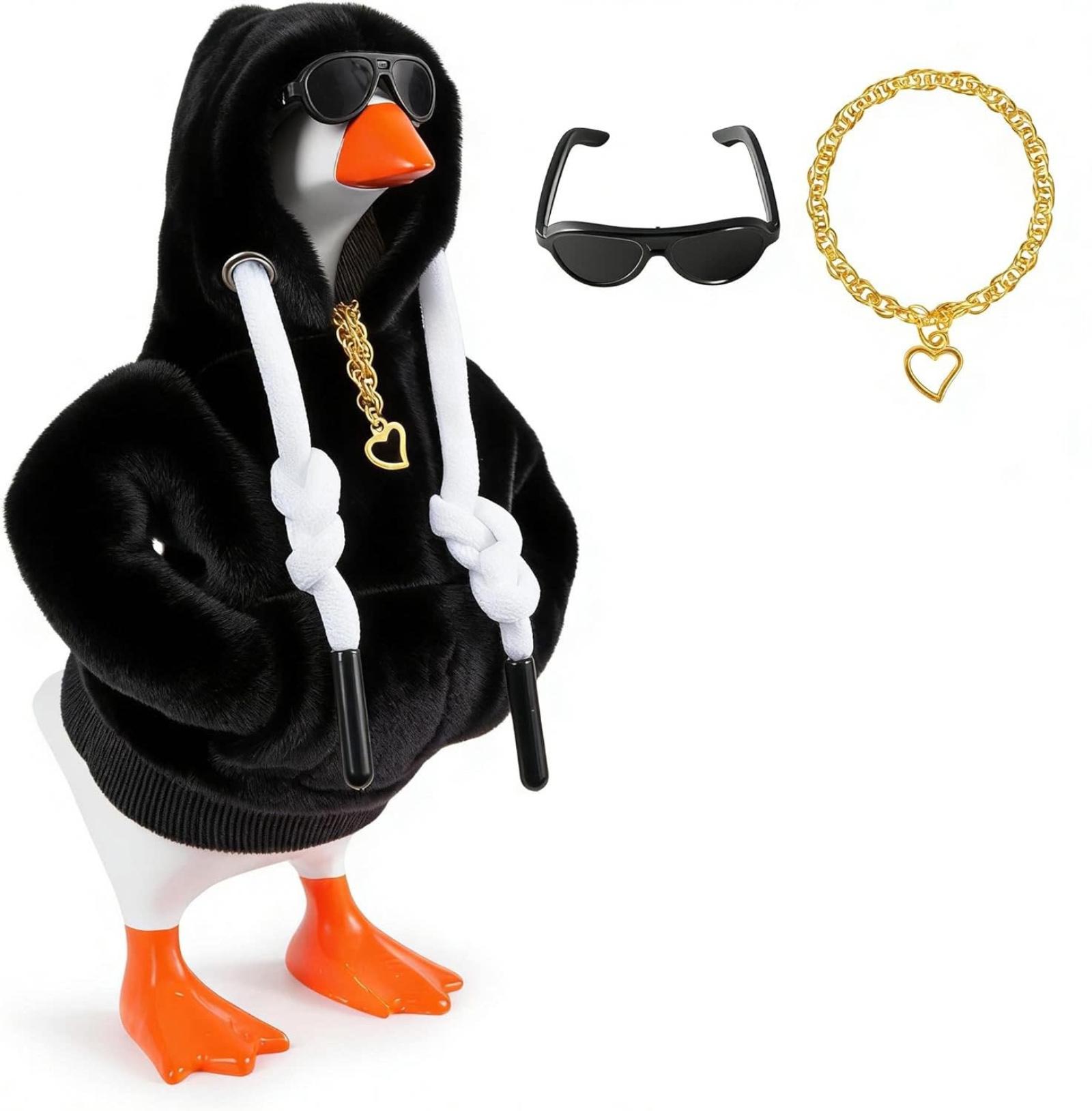

Desktop Goose Plush Toy with Removable Hoodie Sunglasses and Chain Necklace Desktop Decoration Collectible Figurine One Size чёрный