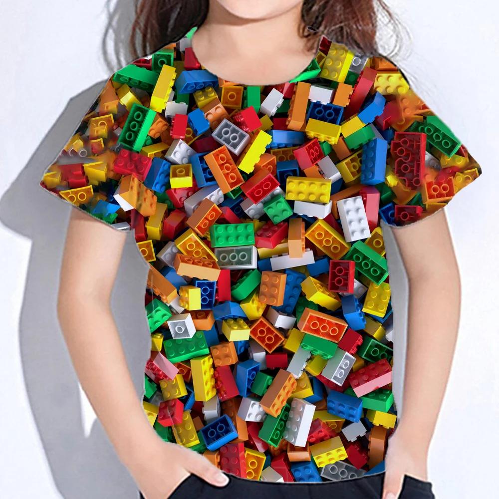 3D Colourful Bricks Short Sleeve Tshirts Summer Children's Boy's Clothing T-Shirt For Girls Kids Clothes Fashion 2026 Tees Tops