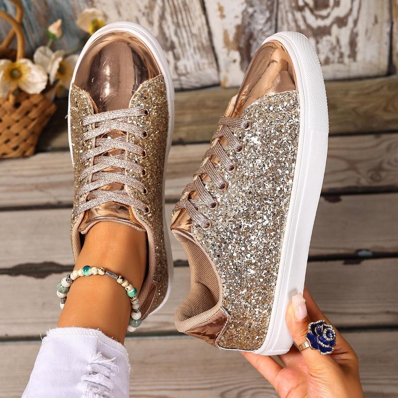 Fashion Korean Version of Trendy Women's Shoes 2025 New Metal Sequin Lace-up Flat Low-top Board Shoes Sports and Casual Versatile