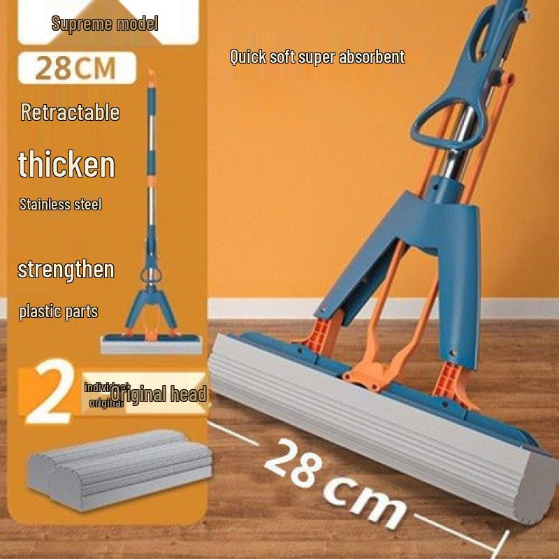 Sponge Mop with Cotton Squeeze Roller - High Absorption, Hands-Free, Large & Durable for Household Floors