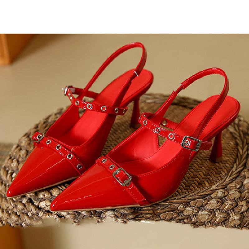Fashion Fashion Narrow Band Buckle Slide Sandal Women Pointed Toe Back Strap Women Sandal Sexy Comfort Patent Leather Banquet Dress Shoe