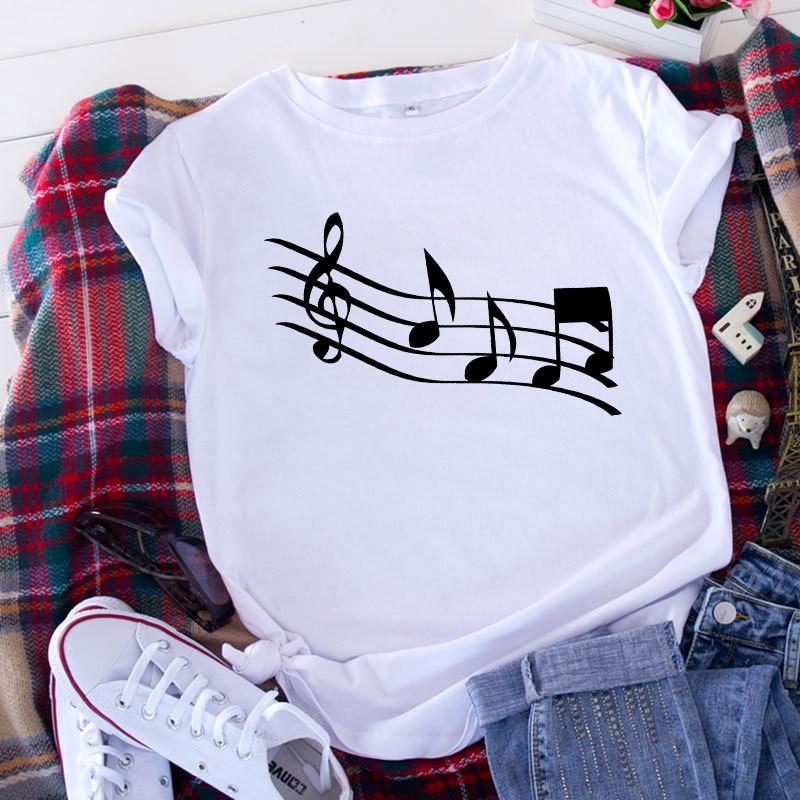 

Women T Shirt 2025 Graphic Musical Note Print Cute 90S Summer Lady Clothes Tops Tees Harajuku Short Sleeve Female T-Shirt 2025 XXXL білий