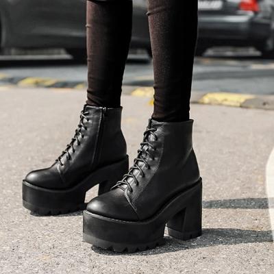 Stivaletti alla Caviglia Neri con Plateau da Donna Tacco Alto 10CM Fondo Spesso Scarpe Punk Gotiche Punta Rotonda Lacci Cerniera Laterale Stivaletto