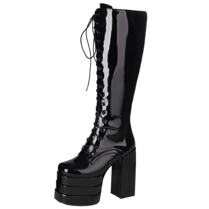 Sexy Punk Knee High Boots Platform Gothic Black High Heels Winter Boot Leather Lace Up Stripper Fetish Shoes Ladies Big Size 45