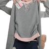 2025 Autumn/Winter Women's Thermal Fleece Color Block Patchwork Two-Piece Style Long Sleeve Half-Open Collar Top