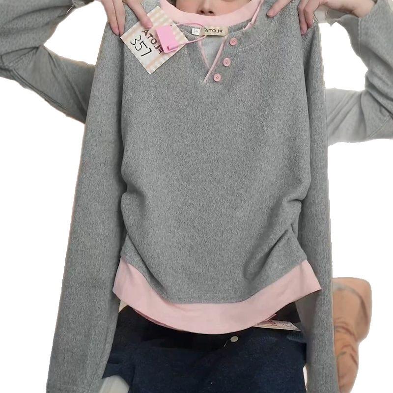 2025 Autumn/Winter Women's Thermal Fleece Color Block Patchwork Two-Piece Style Long Sleeve Half-Open Collar Top