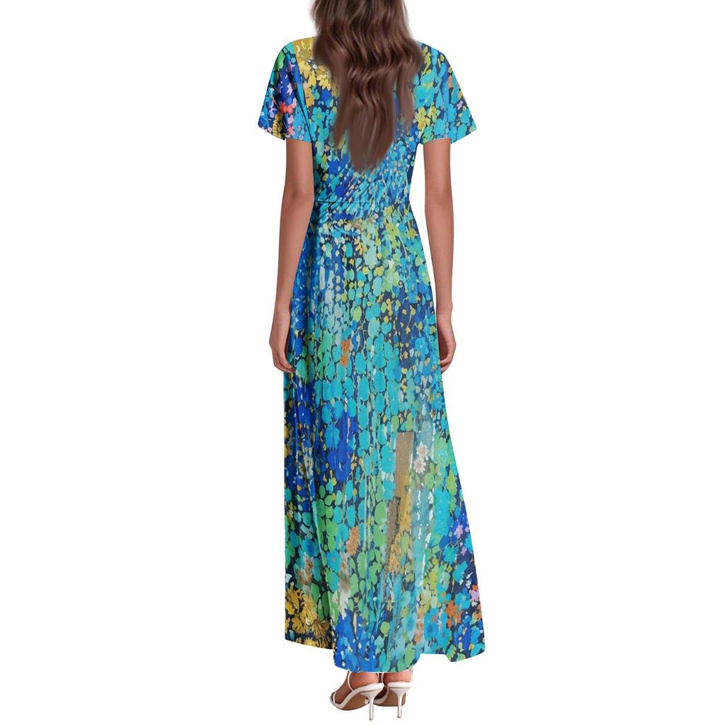 Robe Longue Maxi Florale Décontractée pour Femme, Col en V, Manches Courtes, Légère, avec Jupe Fluide pour un Usage Quotidien
