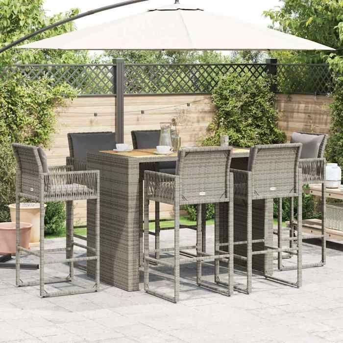 VidaXL 7-piece Garden Bar Set with Grey Poly Rattan Cushions, Bar Table Set, Bar Table and Chair, 3328904