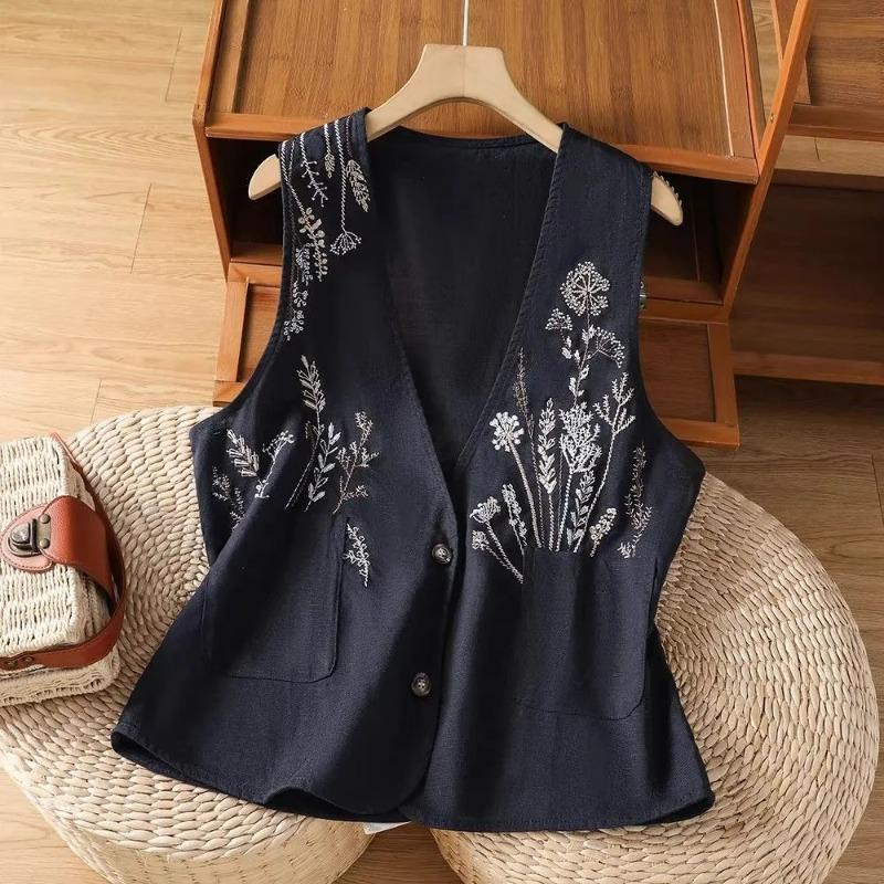 Women Linen Blend Vest Floral Embroidered Sleeveless V Neck Button  Waistcoat With Pockets