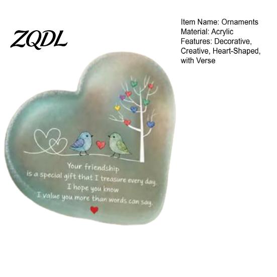 Healing Style Bird Pattern Ornament Heart Shape Acrylic Friendship with Engraved Verse & Tree, Desktop Appreciation Gifts for Long Distance Friend Art