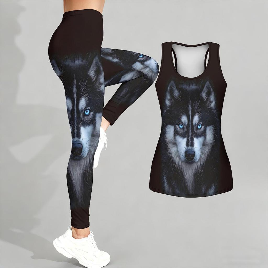 Loyales Tiermuster Druck Yoga Outfit für Damen Mode Workout Leggings Fitness Sport Lässiges Yoga Set Sportanzug