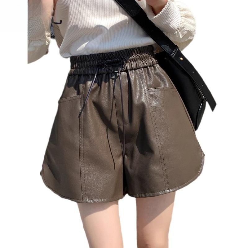 Women's Fall Winter Fashion PU Leather Wide Leg Shorts High Waisted Loose Casual Versatile A-Line Pants Mini Shorts Versatile Slim Fit Hot Pants