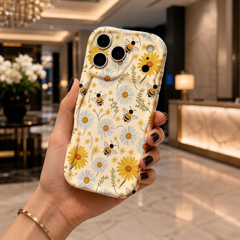 Daisy Bee Thin Branch Wildflower Wavy Edge Phone Case For iPhone 17 16 15 14 13 12 11 8 7 Plus Pro Max Floral Slim Cover