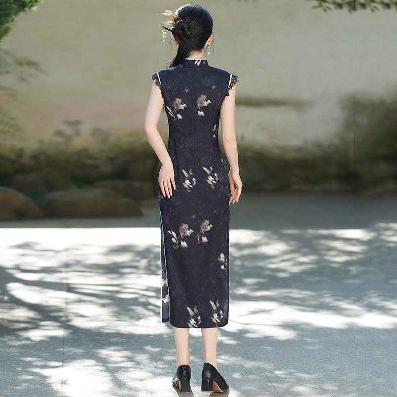 Elegant Black Modern Cheongsam Dress Women Sleeveless High Neck Fit-and-Flare Evening Gown With Brocade 2025
