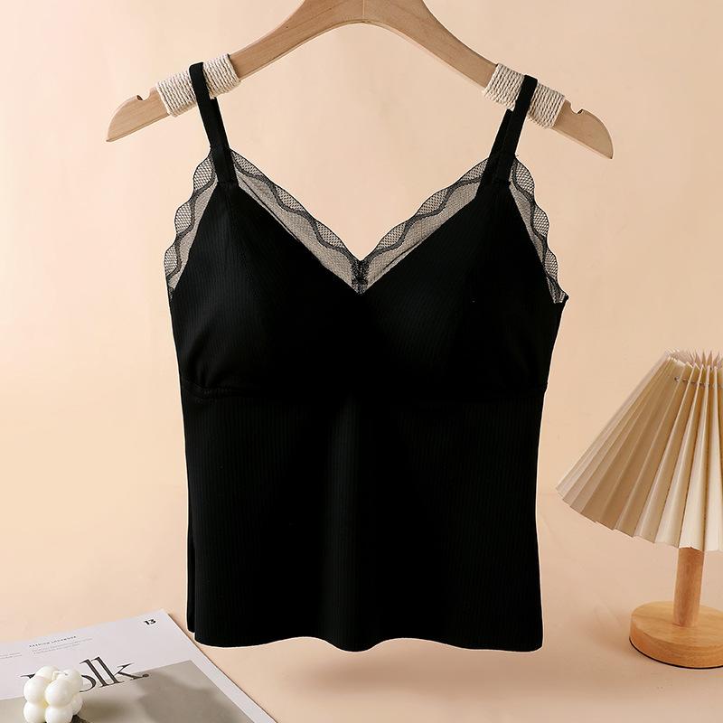 Lace Trim Ribbed Camisole With Built In Bra L чёрный