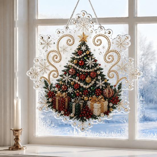Handmade Christmas Tree Decor Faux Pearl Painting Suncatcher Kit, Acrylic Snowflake Shaped Board with Lace Relaxing Holiday Activity Edge, 3D Gemstone