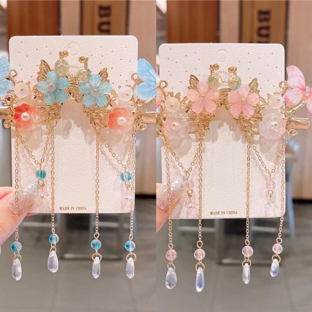 Chinese Style Flower Hair Clips Elegant Exquisite Butterfly Petal Tassel Hairpin For Girls Hanfu Jewelry Hair Accessories 1 Pair