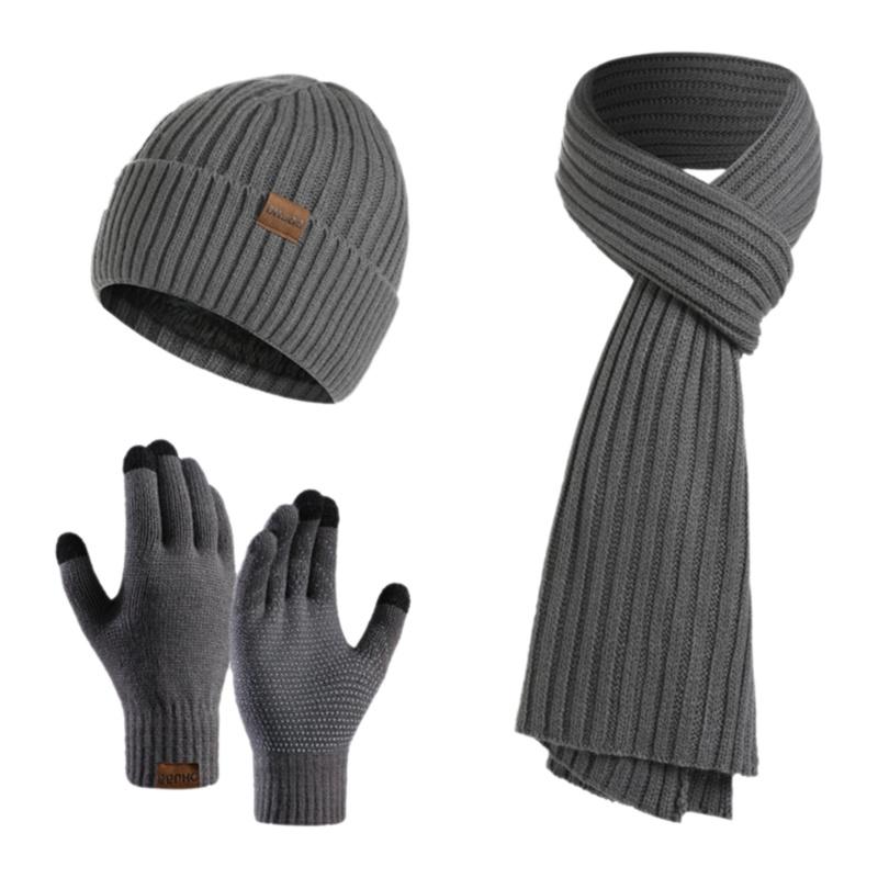 Unisex Custom Logo 3pcs Knitted Plain Polyester/Cotton Beanie Hat Scarf Gloves Set Long Warm Winter Clothing for Men Women