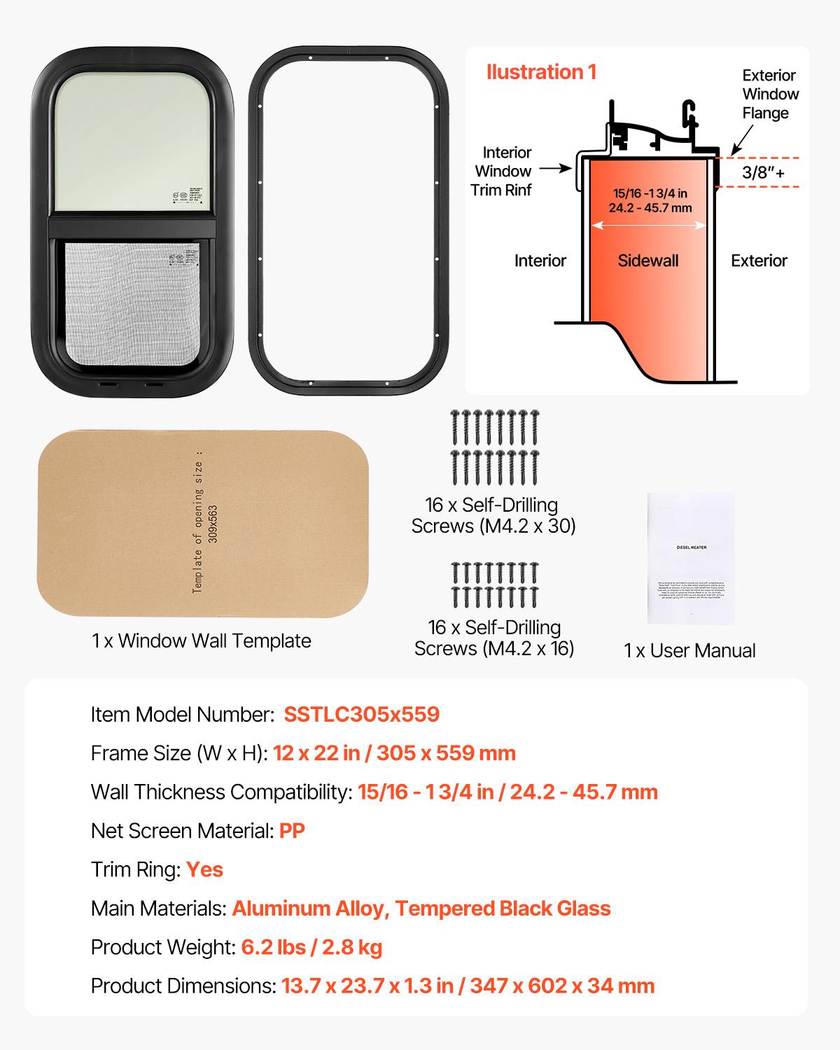 

SucceBuy Vertical/Exit/Horizontal RV Window Tinted RV Window with Net Screen&Trim Ring RV Window Replacement for Trailer Camper