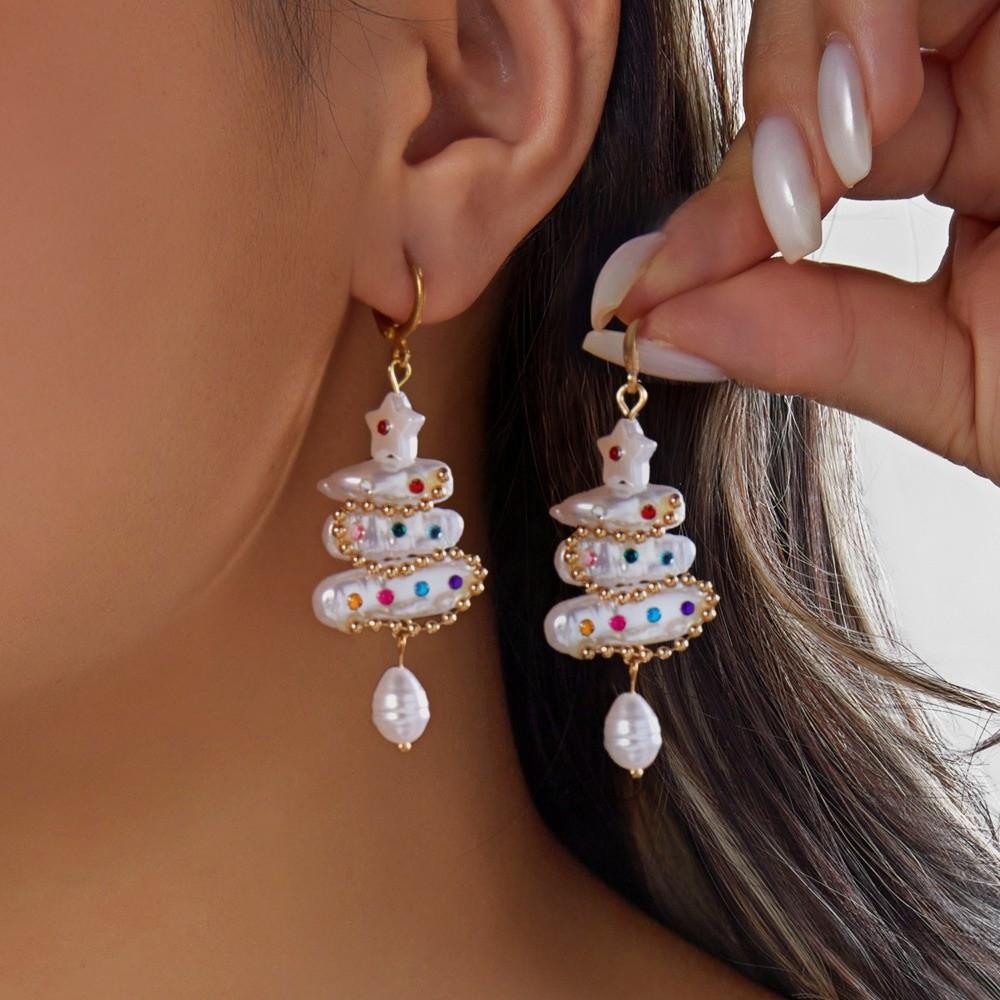 Crystal Christmas Tree Earrings Colorful Rhinestone Imitation Pearl Earrings Christmas