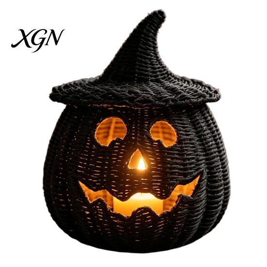Seasonal Home Display Handwoven Pumpkin Basket with Witch Hat Lid, Rustic Wicker Trick Gothic Table Centerpiece or Treat Bucket for Indoor Outdoor