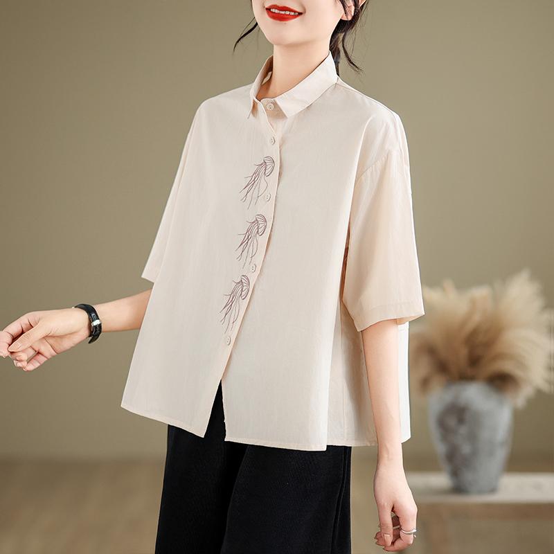 DIMANAF Summer 2026 Women Plus Size New Blouse Shirt Short Sleeve Casual Loose Lady Tops Shirts Cotton Print